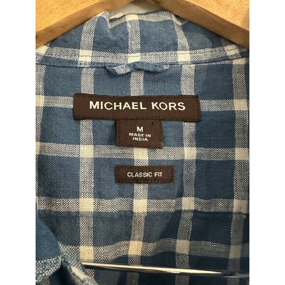 Michael Kors Men's Classic Fit Linen Shirt Blue Check Long Sleeve Button Up - Picture 10 of 16